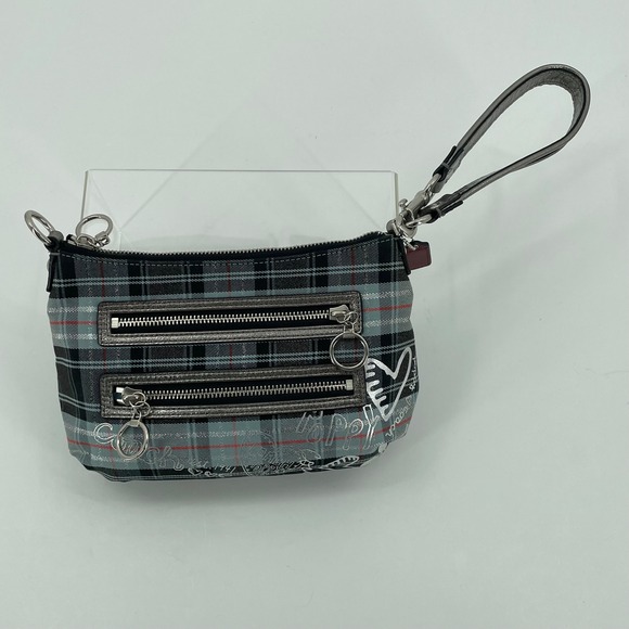 Coach Poppy Tartan Plaid Graffiti Blue Silver Shoulder Bag Wristlet - Picture 14 of 16
